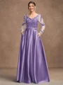 A-Line/Princess Satin Applique V-neck Long Sleeves Floor-Length Mother of the Bride Dresses