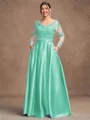 A-Line/Princess Satin Applique V-neck Long Sleeves Floor-Length Mother of the Bride Dresses
