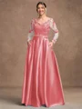 A-Line/Princess Satin Applique V-neck Long Sleeves Floor-Length Mother of the Bride Dresses