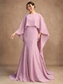 Sheath/Column Chiffon Ruffles Scoop Long Sleeves Sweep/Brush Train Mother of the Bride Dresses