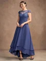 A-Line/Princess Chiffon Applique Scoop Short Sleeves Asymmetrical Mother of the Bride Dresses