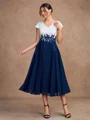 A-Line/Princess Chiffon Applique V-neck Short Sleeves Tea-Length Mother of the Bride Dresses