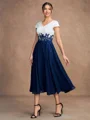 A-Line/Princess Chiffon Applique V-neck Short Sleeves Tea-Length Mother of the Bride Dresses