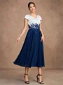 A-Line/Princess Chiffon Applique V-neck Short Sleeves Tea-Length Mother of the Bride Dresses