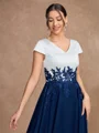 A-Line/Princess Chiffon Applique V-neck Short Sleeves Tea-Length Mother of the Bride Dresses