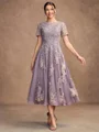 A-Line/Princess Chiffon Lace Scoop Short Sleeves Tea-Length Mother of the Bride Dresses