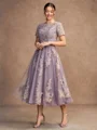 A-Line/Princess Chiffon Lace Scoop Short Sleeves Tea-Length Mother of the Bride Dresses