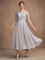 A-Line/Princess Chiffon Lace Scoop 3/4 Sleeves Tea-Length Mother of the Bride Dresses