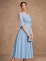 A-Line/Princess Chiffon Lace Scoop 1/2 Sleeves Tea-Length Mother of the Bride Dresses