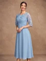 A-Line/Princess Chiffon Lace Scoop 1/2 Sleeves Tea-Length Mother of the Bride Dresses