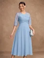 A-Line/Princess Chiffon Lace Scoop 1/2 Sleeves Tea-Length Mother of the Bride Dresses