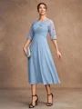 A-Line/Princess Chiffon Lace Scoop 1/2 Sleeves Tea-Length Mother of the Bride Dresses