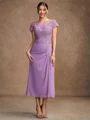 Sheath/Column Chiffon Applique Scoop Short Sleeves Tea-Length Mother of the Bride Dresses