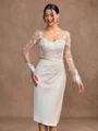 Sheath/Column Satin Lace V-neck Long Sleeves Knee-Length Mother of the Bride Dresses