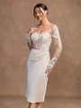 Sheath/Column Satin Lace V-neck Long Sleeves Knee-Length Mother of the Bride Dresses