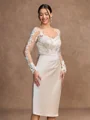 Sheath/Column Satin Lace V-neck Long Sleeves Knee-Length Mother of the Bride Dresses