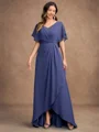 A-Line/Princess Chiffon Beading V-neck Short Sleeves Asymmetrical Mother of the Bride Dresses