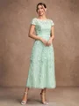 A-Line/Princess Tulle Lace Scoop Short Sleeves Tea-Length Mother of the Bride Dresses