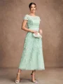 A-Line/Princess Tulle Lace Scoop Short Sleeves Tea-Length Mother of the Bride Dresses
