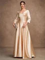 A-Line/Princess Silk Like Satin Ruched V-neck 3/4 Sleeves Ankle-Length Mother of the Bride Dresses