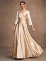 A-Line/Princess Silk Like Satin Ruched V-neck 3/4 Sleeves Ankle-Length Mother of the Bride Dresses