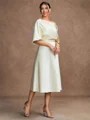 A-Line/Princess Charmeuse Ruched Off-the-Shoulder 1/2 Sleeves Tea-Length Mother of the Bride Dresses