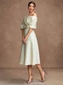 A-Line/Princess Charmeuse Ruched Off-the-Shoulder 1/2 Sleeves Tea-Length Mother of the Bride Dresses