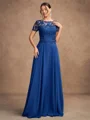 A-line Scoop Short Sleeves Appliques Lace Floor-Length Chiffon Mother of the Bride Dress