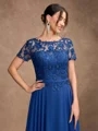 A-line Scoop Short Sleeves Appliques Lace Floor-Length Chiffon Mother of the Bride Dress