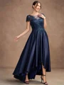 A-line Scoop Short Sleeves Appliques Lace Asymmetrical Satin Mother of the Bride Dress