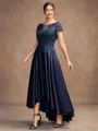A-line Scoop Short Sleeves Appliques Lace Asymmetrical Satin Mother of the Bride Dress