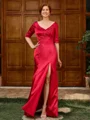 Sheath V-neck 1/2 Sleeves Appliques Lace Floor-Length Silk Like Satin Mother of the Bride Dress