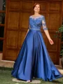A-line Scoop 1/2 Sleeves Appliques Lace Floor-Length Satin Chiffon Mother of the Bride Dress