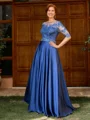 A-line Scoop 1/2 Sleeves Appliques Lace Floor-Length Satin Chiffon Mother of the Bride Dress