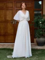 A-line V-neck 1/2 Sleeves Pleated Floor-Length Chiffon Mother of the Bride Dress