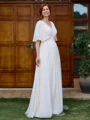 A-line V-neck 1/2 Sleeves Pleated Floor-Length Chiffon Mother of the Bride Dress