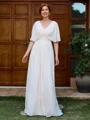 A-line V-neck 1/2 Sleeves Pleated Floor-Length Chiffon Mother of the Bride Dress