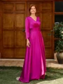 A-line V-neck 3/4 Sleeves Pleated Floor-Length Satin Chiffon Mother of the Bride Dress