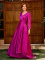 A-line V-neck 3/4 Sleeves Pleated Floor-Length Satin Chiffon Mother of the Bride Dress