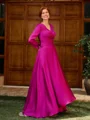 A-line V-neck 3/4 Sleeves Pleated Floor-Length Satin Chiffon Mother of the Bride Dress