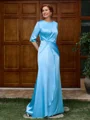 Sheath Scoop 1/2 Sleeves Pleated Floor-Length Silk Like Satin Mother of the Bride Dress