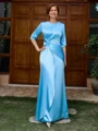 Sheath Scoop 1/2 Sleeves Pleated Floor-Length Silk Like Satin Mother of the Bride Dress