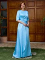 Sheath Scoop 1/2 Sleeves Pleated Floor-Length Silk Like Satin Mother of the Bride Dress