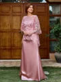 Sheath Scoop 3/4 Sleeves Appliques Lace Floor-Length Silk Like Satin Mother of the Bride Dress