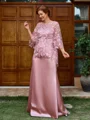 Sheath Scoop 3/4 Sleeves Appliques Lace Floor-Length Silk Like Satin Mother of the Bride Dress