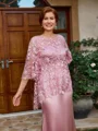Sheath Scoop 3/4 Sleeves Appliques Lace Floor-Length Silk Like Satin Mother of the Bride Dress