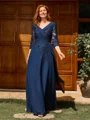 A-line V-neck 3/4 Sleeves Appliques Lace Floor-Length Chiffon Mother of the Bride Dress