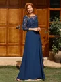 A-line Scoop 3/4 Sleeves Appliques Lace Floor-Length Chiffon Mother of the Bride Dress