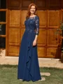 A-line Scoop 3/4 Sleeves Appliques Lace Floor-Length Chiffon Mother of the Bride Dress