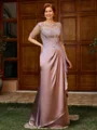 Sheath Scoop 1/2 Sleeves Appliques Lace Floor-Length Silk Like Satin Mother of the Bride Dress